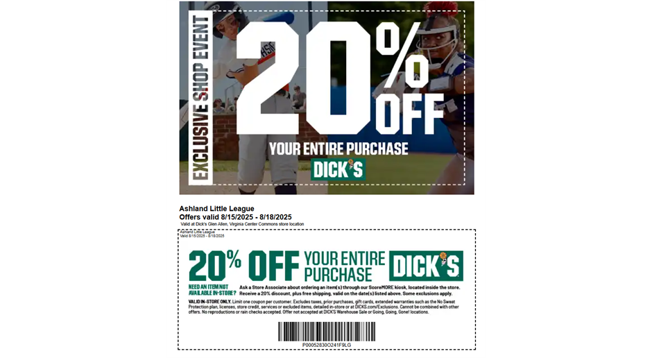 20% Off At Dicks August 15 thru 18